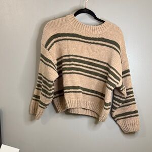 POL Tan and Green Striped Sweater
